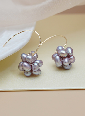 如帆法式优雅气质紫珍珠球耳环14k包金耳挂耳钩复古宫廷风女50759