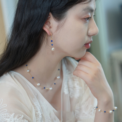 如帆小众设计感珍珠蓝晶石耳环925纯银法式气质流苏耳钩复古60327