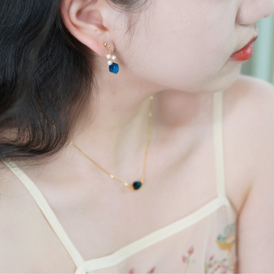 如帆小众复古气质蓝虎眼石珍珠耳夹耳骨夹优雅法式 耳环50858 时尚