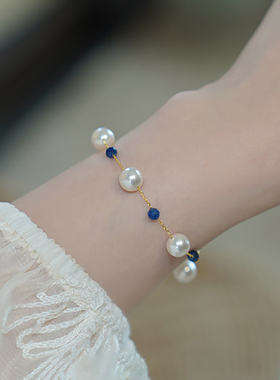 如帆法式复古珍珠蓝晶石手链925纯银小众轻奢高级感手串手环60326