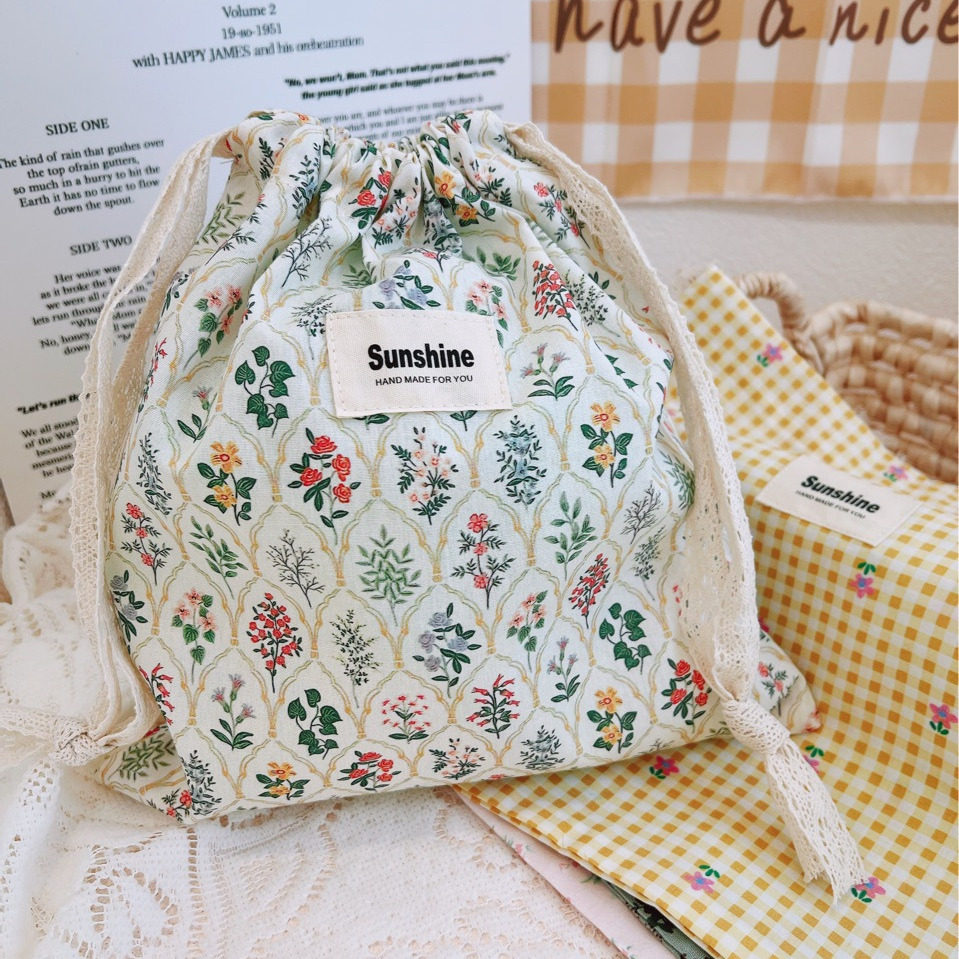 原创自制ins森系小碎花纯棉收纳袋收口袋抽绳束口袋化妆包收纳包