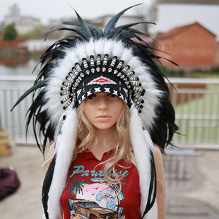 印第安人羽毛头饰原始野人帽子黑色羽毛头饰儿童成人舞台表演道具