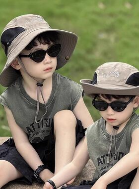 儿童防晒帽夏季新款男童沙滩遮阳帽男女孩户外大帽檐护脖太阳帽子