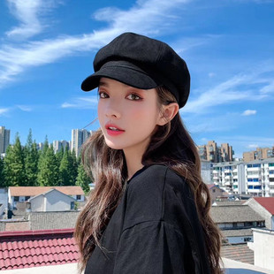 贝雷帽子女春秋百搭2025爆款黑色显脸小复古画家八角帽冬季报童帽
