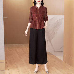 中老年真丝桑蚕丝妈妈装 香云纱小衫 两件套夏季 宽松上衣阔腿裤 套装