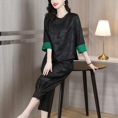 两件套桑蚕丝套装上衣束脚裤时尚