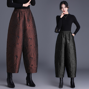 宽松休闲棉裤 2025冬季 大码 显瘦提花夹棉加厚花苞裤 浮雕茧型阔腿裤