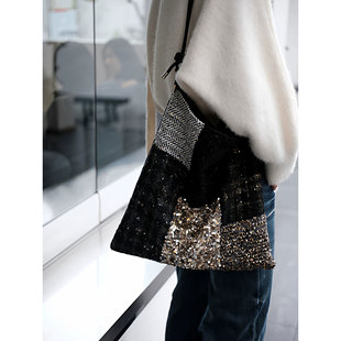 采晨自制款定制镶嵌高级爆闪鳞片帆布托特包女轻奢通勤单肩腋下包