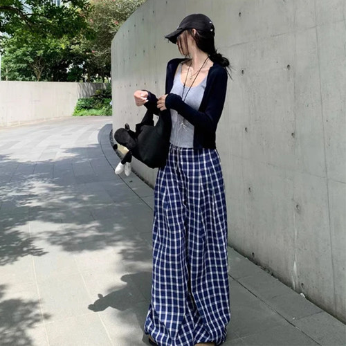 深蓝色宽松阔腿牛仔裤女秋冬季美式慵懒风高腰显瘦丹宁蓝拖地裤子