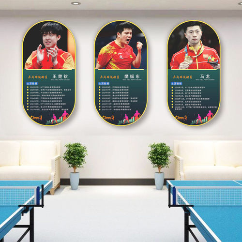乒乓球明星人物介绍高端实木装饰画训练馆球场球馆墙面挂画海报图