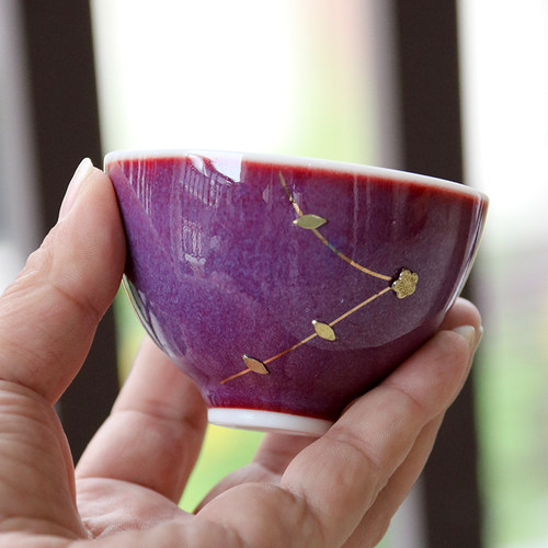 宫廷风单杯钧窑锔钉静心功夫茶杯陶瓷茶具品茗杯钧瓷茶杯中式杯子