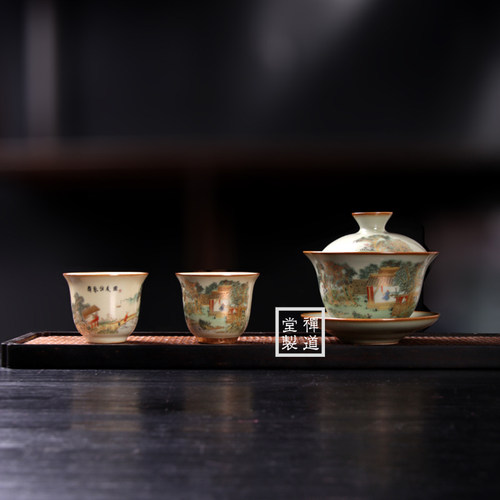 青玉汝窑访友图壶承盖碗茶杯一人中国风三件套敬茶杯陶瓷泡茶碗