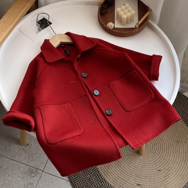双面新款宝宝羊绒大衣女宝宝毛呢外套韩版儿童中大童儿童红色外套