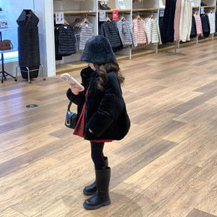 女童冬款立领丝绒羽绒棉棉服外套+红色刺绣麻花毛衣+红格毛呢