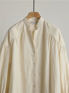 Frame Fan 设计师品牌 日本羊毛麻插肩袖V领拼接捏褶宽松衬衫衬衣