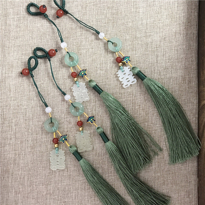 手工压襟中式复古岫玉双喜字汉服挂饰流苏挂件包挂盘扣配饰饰品