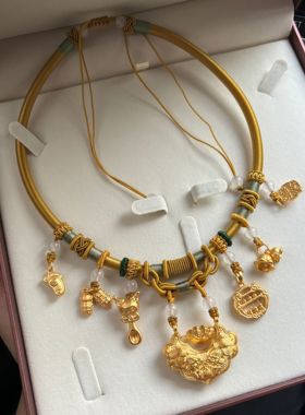 双孔金锁吊坠双耳锦鲤锁手工项圈满月周岁礼抓周新中式挂绳宝项链