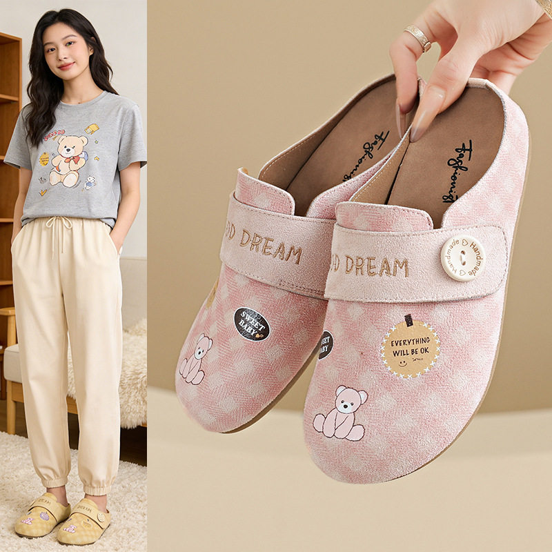 2026春夏新款半托勃肯鞋女格纹透气学生板鞋休闲鞋可爱小熊Y31