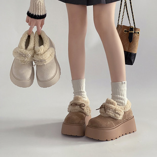 复古森系蝴蝶结仙女绒面厚底保暖加绒棉鞋 松糕底毛绒勃肯鞋 女冬季