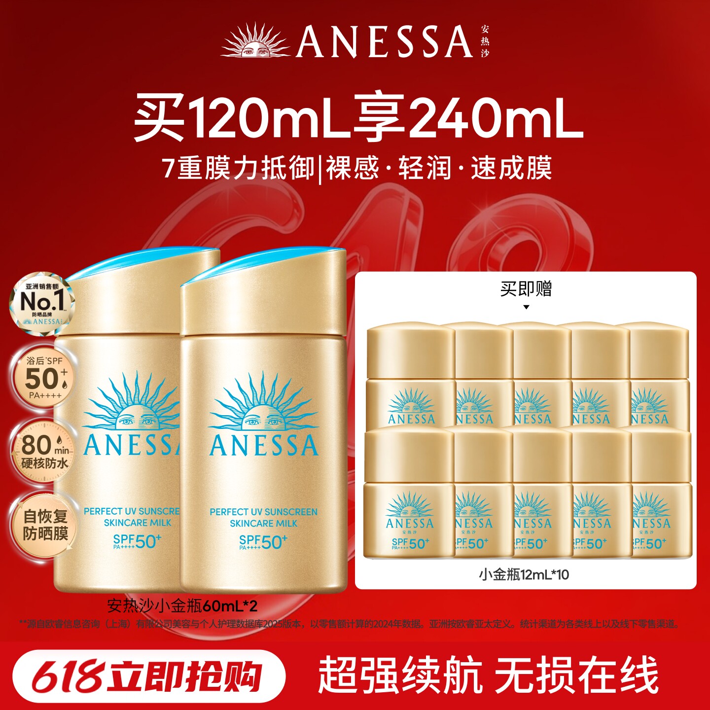 【双金套组】安热沙ANESSA小金瓶防晒霜乳60ml*2轻薄速成膜防水汗