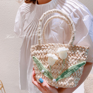 HD6296 风情夏日~手工针织钩织珍珠花朵少女内衬草编度假包手提包