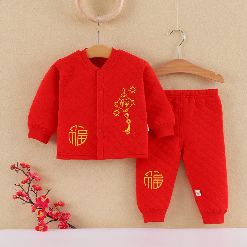 新生婴儿秋冬保暖套装红色唐装百天满月宝宝生日抓周服喜庆过年服