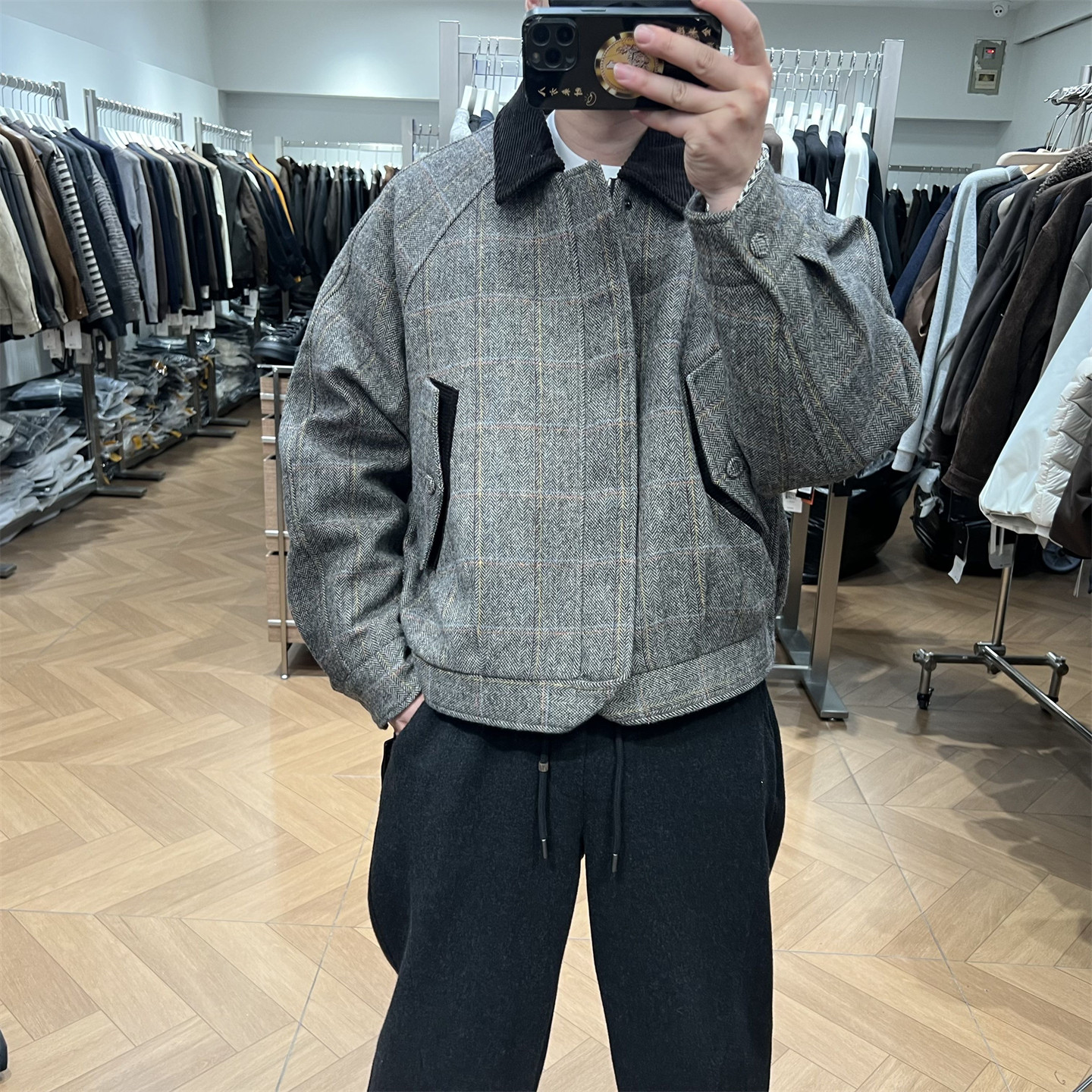 老钱风撞色格子羊毛呢羽绒服外套