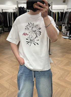 OD1夏季美式复古花朵印花短袖T恤男潮流街头痞帅情侣半袖通勤上衣