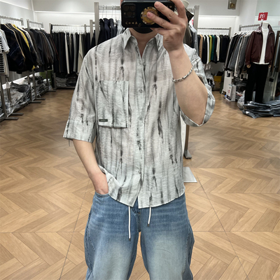 复古做旧扎人五分袖衬衫薄款外套