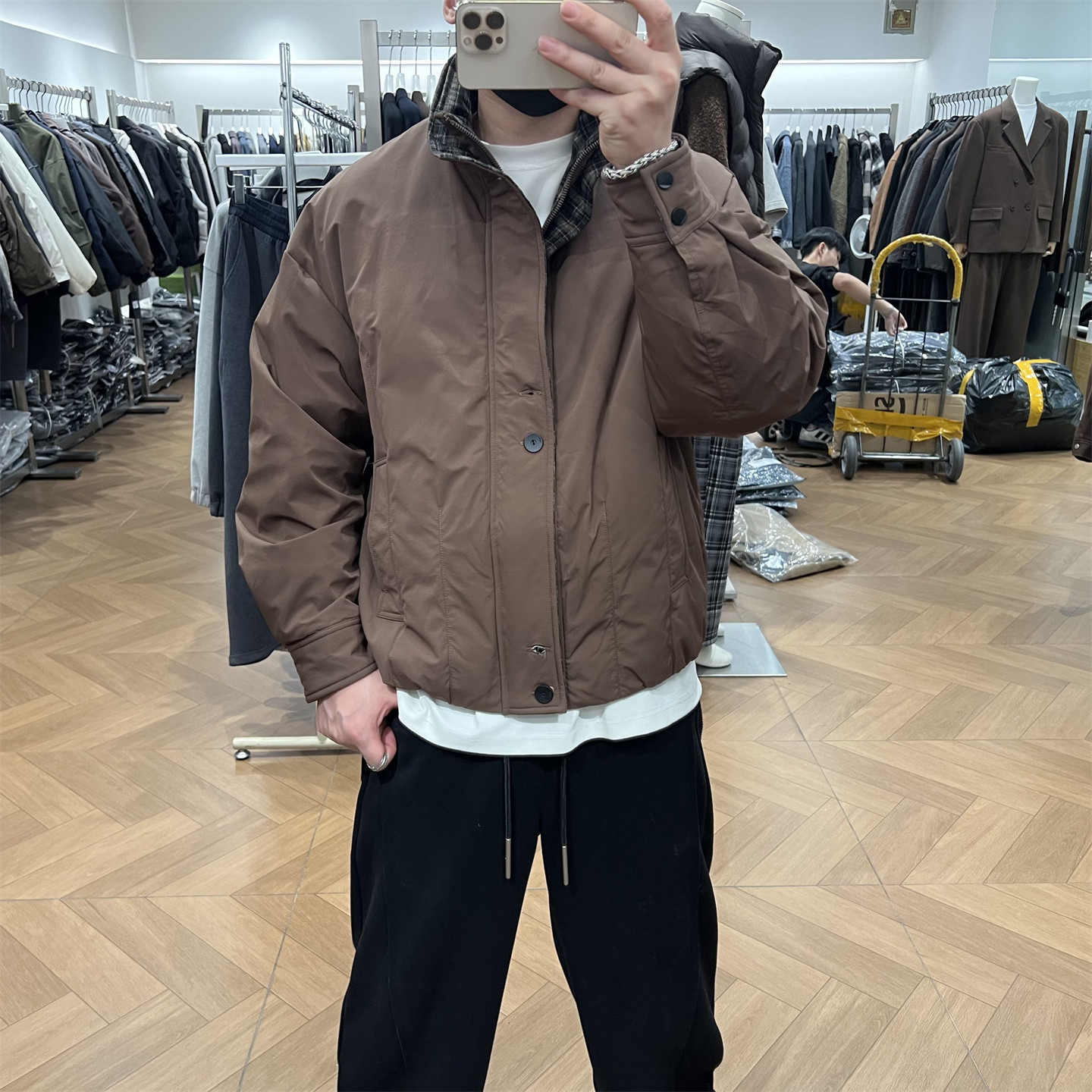 轻奢高级感格纹拼接假两件立领羽绒服男冬季美式宽松复古通勤外套,男装,羽绒服,淘宝优惠券,粉丝福利购,淘宝优惠卷