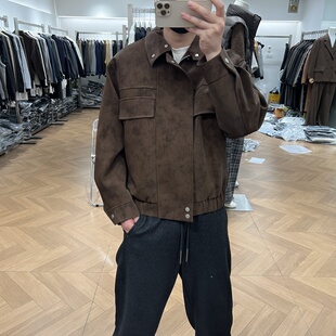 轻奢工装翻领麂皮绒羽绒服男冬季美式复古宽松美拉德鹅绒皮衣外套