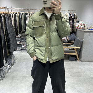 所蚁冬季拼接假俩件翻领工装羽绒服男美式宽松通勤保暖白鸭绒外套