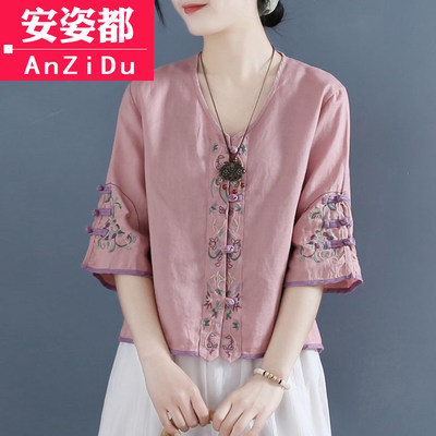 禅意女装棉麻茶服夏中国风汉服改良旗袍中式盘扣唐装上衣对襟短衫