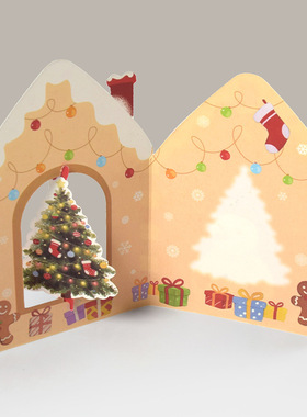 圣诞节贺卡红色旋转立体手写祝福贺卡可爱房子造型祝福卡10张/包