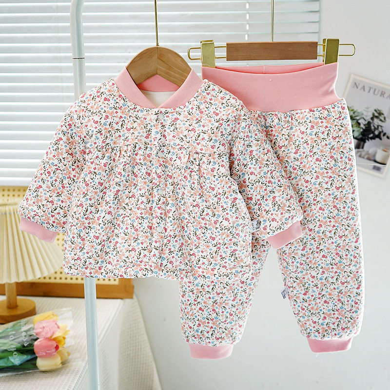 小童秋冬新款150克棉衣套装冬季棉袄棉裤外穿女宝公主款洋气套装