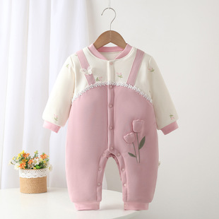 秋冬季 婴幼儿对开门260克夹棉加厚连体衣假背带哈衣外出爬服 新款