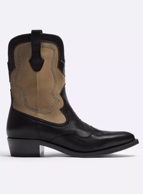 高端头层牛皮男鞋中帮尖头真皮黑色复古拼接皮革西部牛仔靴骑士靴