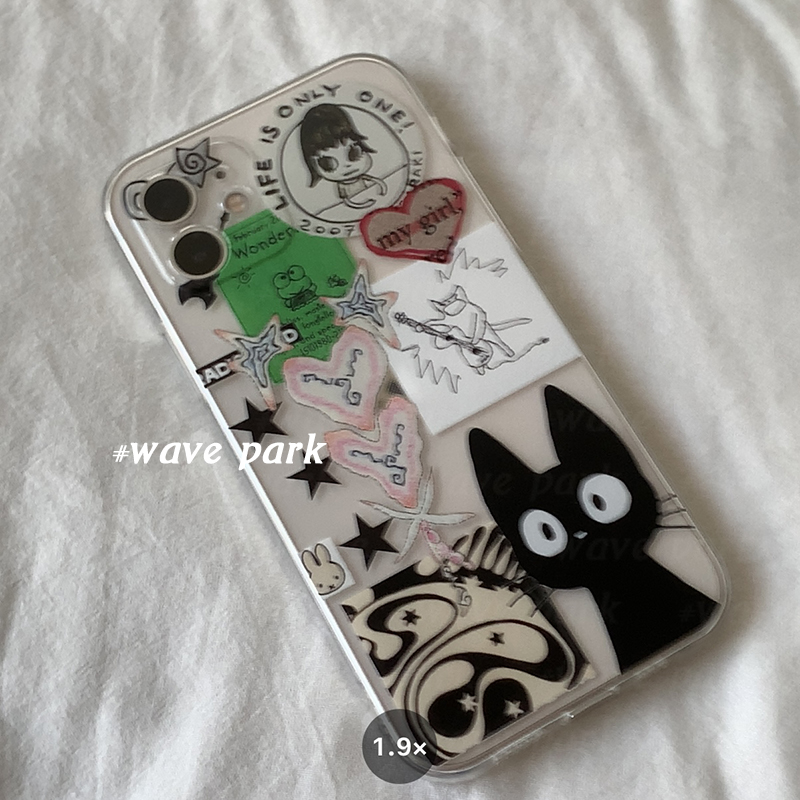 海浪公园【拍三免一】黑猫拼贴复古小众适用于iPhone15promax手机壳tpu透明软壳华为p70pro