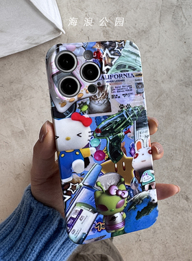 海浪公园【拍三免一】蓝色拼贴kitty适用于苹果16PM/15/xr菲林精孔硬壳手机壳ins可爱华为小米13pro三星s24