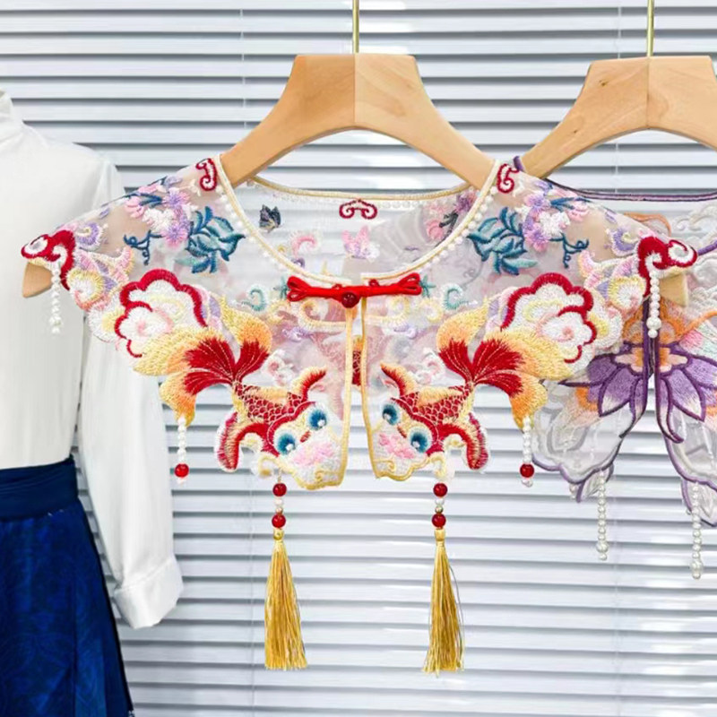 云肩马面裙古风刺绣女童成人学士汉服重工钉珠黄色明制锦鲤鱼披肩