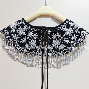 黑色云肩马面裙汉服国风绣花流苏苗银复古假领子演出旗袍外搭披肩