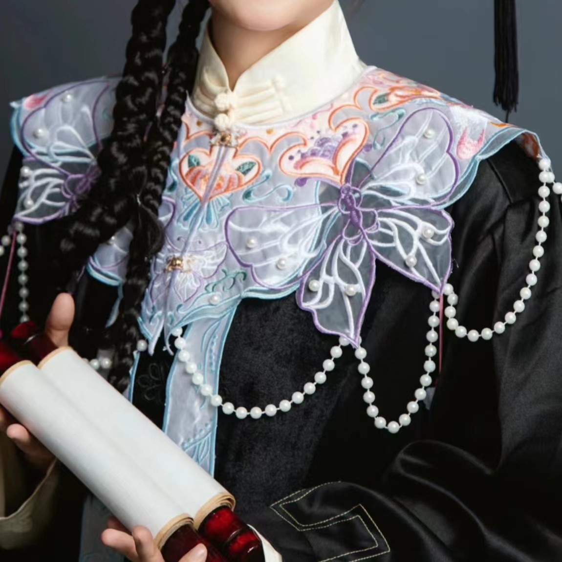 云肩中式重工珍珠明制硕士学士服马面裙拍照流苏博士汉服飘带披肩