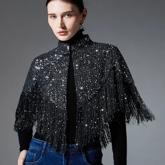 新中式披肩重工黑色亮片流苏旗袍云肩高级名媛丝绒礼服裙立领斗篷