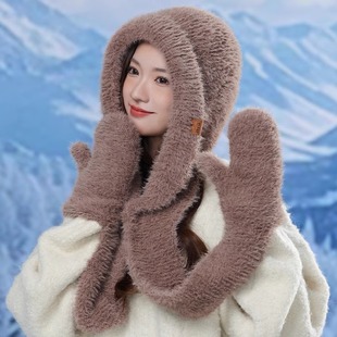 法拉帽围脖一体手套多功能加厚毛绒护耳防寒户外假帽子领连帽围巾