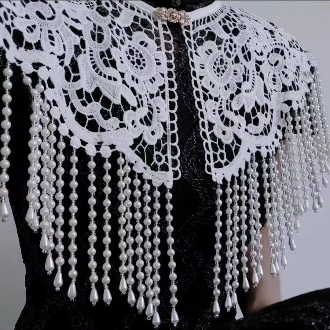 旗袍云肩新中式夏天蕾丝长流苏珠绣假领春秋敬酒汉服复古独特披肩