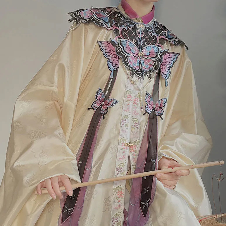 云肩黑紫色蝴蝶飘带刺绣毕业硕士学士礼服汉服马面裙外搭古风披肩
