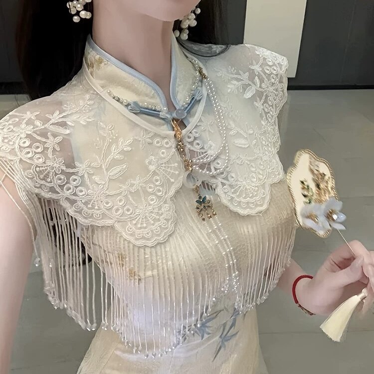 新款中式披肩春夏蕾丝刺绣钉珠流苏旗袍订婚礼服云肩复古裙子假领