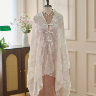 夏季防晒披肩新中式薄纱绣花旗袍开衫民族风盘扣长款外搭披风斗篷