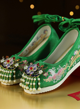 新款中式婚鞋子新娘结婚布鞋旗袍秀禾鞋低跟龙凤鞋绿色高跟上轿鞋