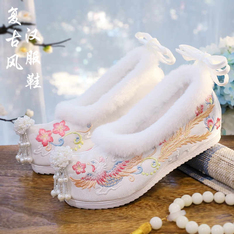 冬季古风加绒汉服鞋子女绣花鞋内增高明制古装布鞋老北京布鞋